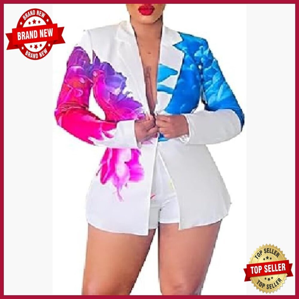 Floral Blazer Shorts Set, Business Casual 2-Piece Outfit, Polyester